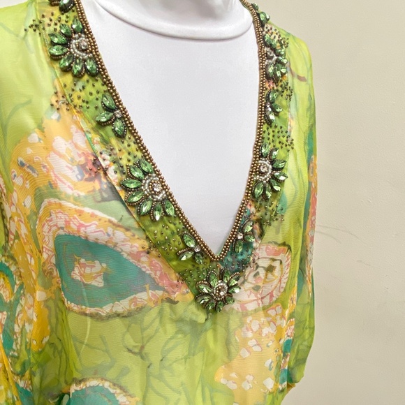 LUXURY RESORT WEAR BEADED V NECK CHIFFON PRINT BATWING TUNIC TOP SIZE M/L - Picture 4 of 8